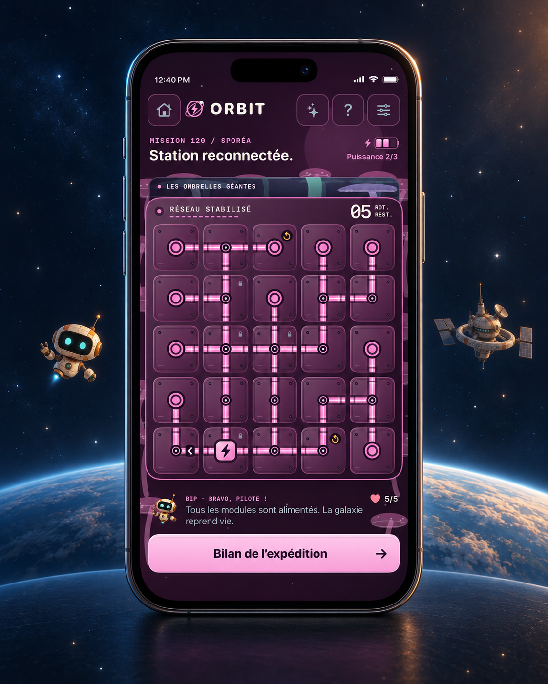Illustration d’ORBIT sur iPhone : le circuit rose de Sporéa reconnecté, accompagné de BIP et d’une station orbitale.